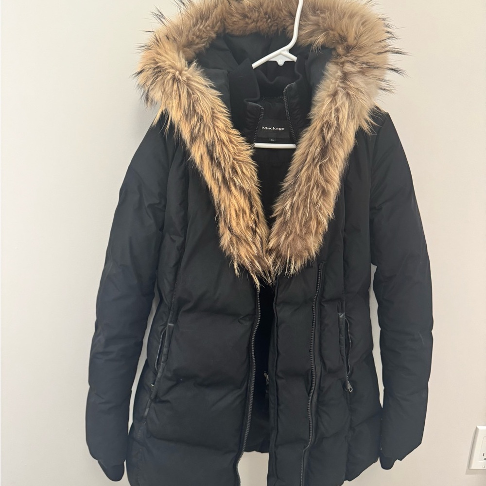 Mackage Black Puffer Jacket with Fur Trim